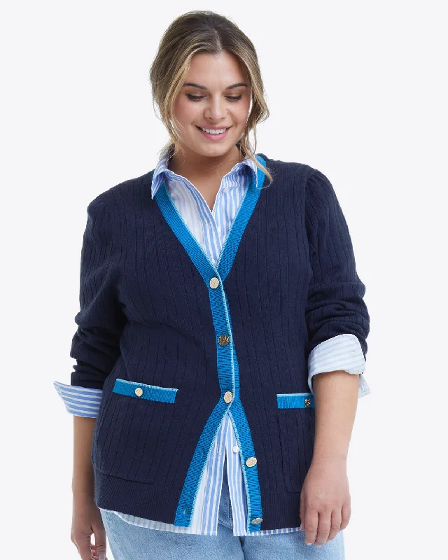 long length women cardigan with side slitsCassadee Cardigan in Navy