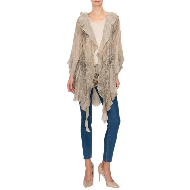 floral print women cardigan for a feminine touchChelsea Ruffled Cardigan In Taupe