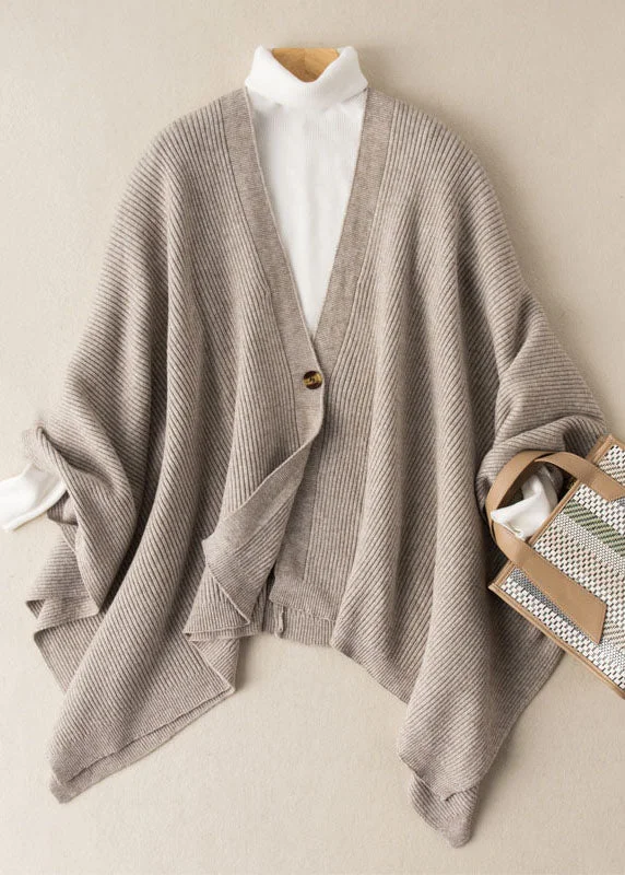 ribbed women cardigan with a classic textureElegant Oatmeal V Neck Button Cotton Knit Sweaters Cardigans Batwing Sleeve