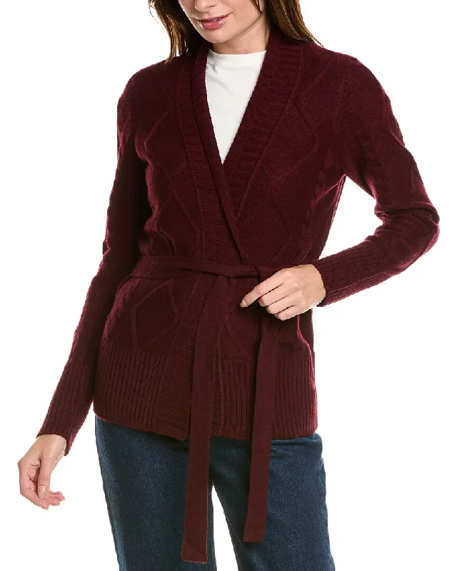 color block women cardigan with bold huesForte Cashmere Belted Cable Wool & Cashmere-Blend Cardigan