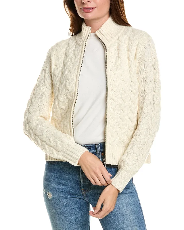 cable knit women cardigan with intricate patternsForte Cashmere Cable Zip Mock Wool & Cashmere-Blend Cardigan