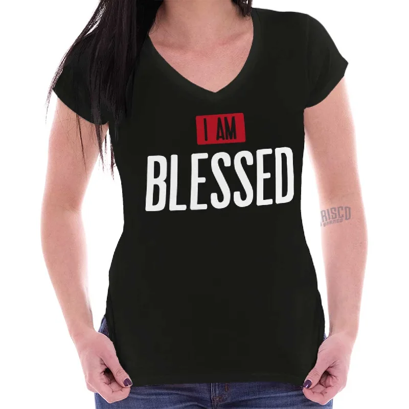 Long Sleeve Women T Shirt for Cooler WeatherI am Blessed Junior Fit V-Neck T-Shirt