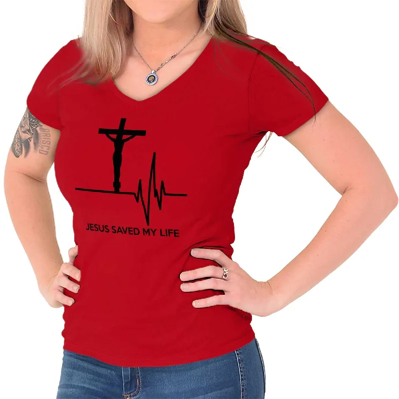 Sheer Women T Shirt for a Stylish and Alluring LookJesus Saved My Life Junior Fit V-Neck T-Shirt