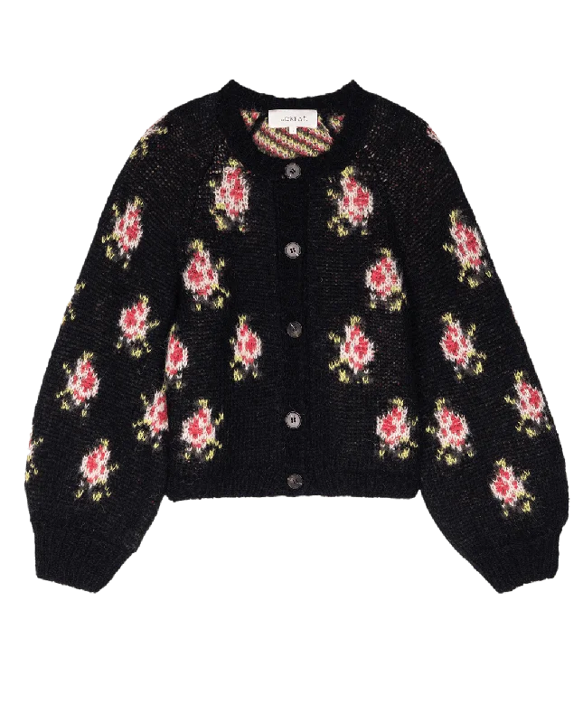 open front women cardigan for easy stylingThe Carousel Cardigan in Black Heirloom Rose