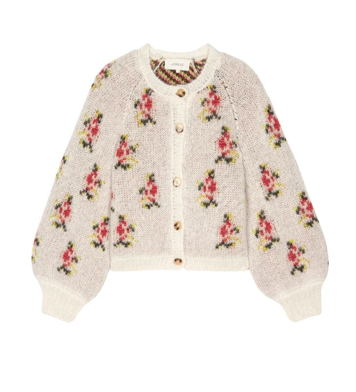 hand knitted women cardigan with artisanal charmThe Carousel Cardigan in Cream Heirloom Rose