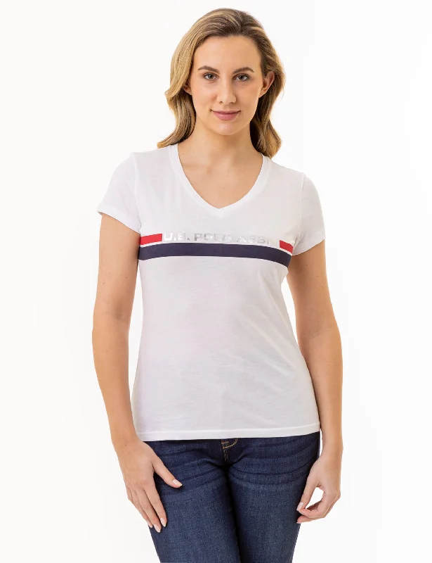 Distressed Women T Shirt with a Laid - Back AestheticU.S. POLO ASSN. DUAL STRIPE T-SHIRT