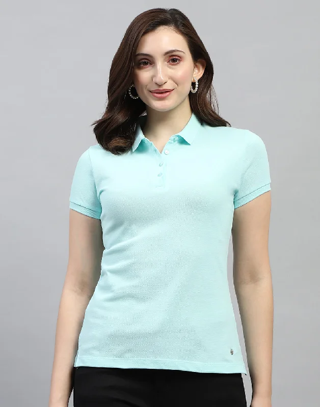 Pocketed Women T Shirt for Added FunctionalityWomen Aqua Blue Solid Polo Collar Half Sleeve T Shirt