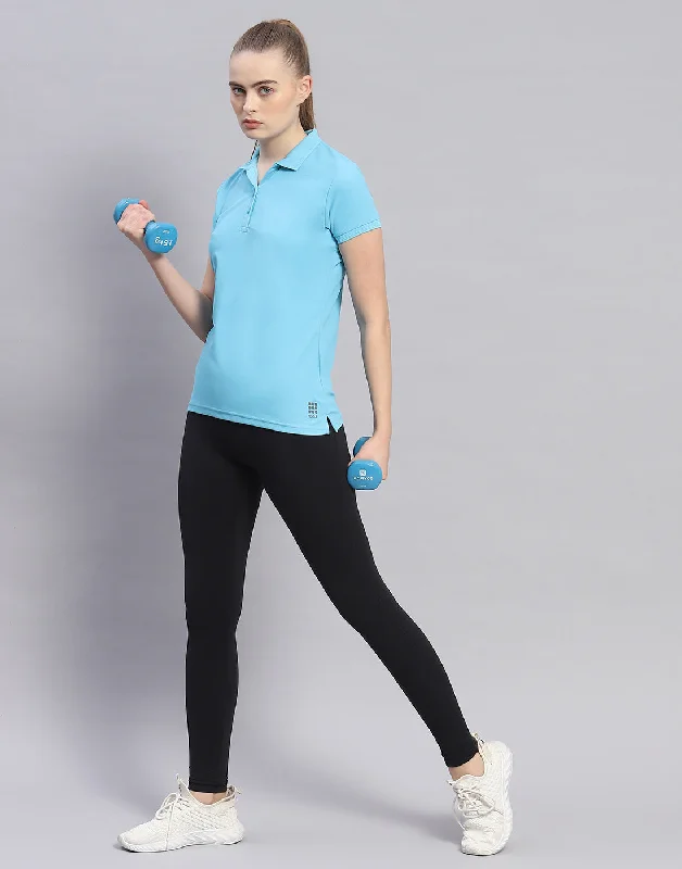 Sleeveless Women T Shirt for Summer ComfortWomen Blue Solid Polo Collar Half Sleeve T-Shirt