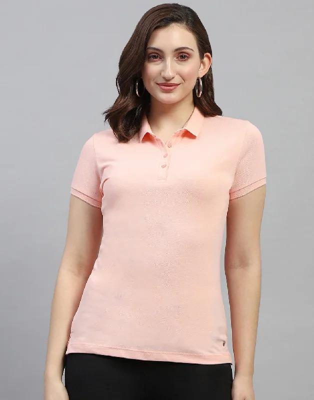 Pocketed Women T Shirt for Added FunctionalityWomen Peach Solid Polo Collar Half Sleeve T Shirt