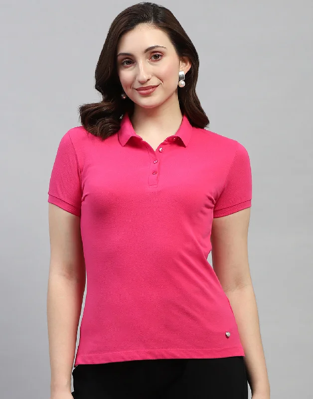 Sleeveless Women T Shirt for Summer ComfortWomen Pink Solid Polo Collar Half Sleeve T Shirt