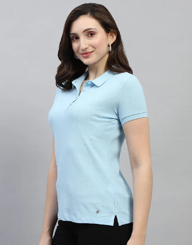 Distressed Women T Shirt with a Laid - Back AestheticWomen Sky Blue Solid Polo Collar Half Sleeve T Shirt