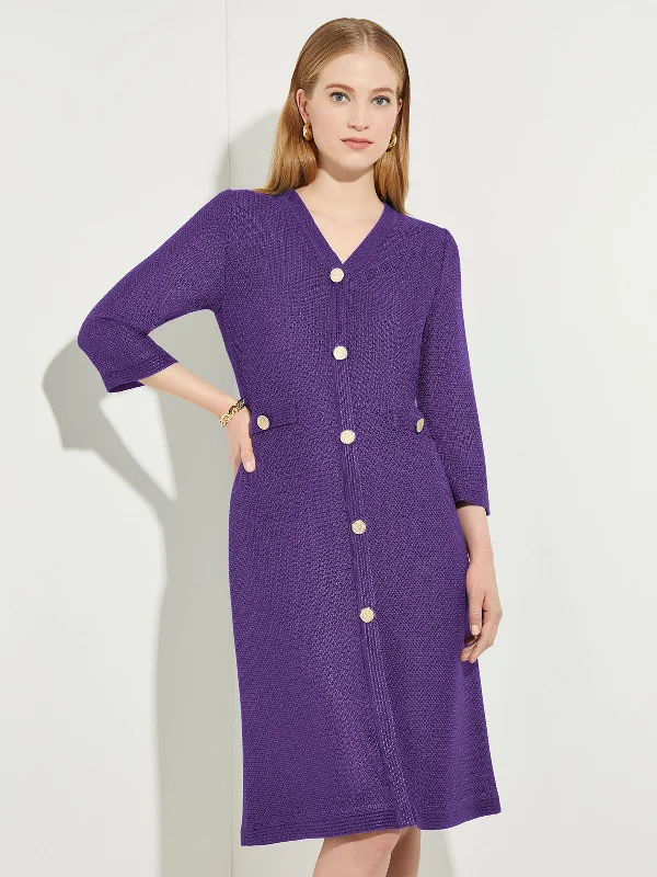 Empire Waist Women Dress to Accentuate the Bust and Conceal the WaistA-Line Button Detail Textured Knit Dress