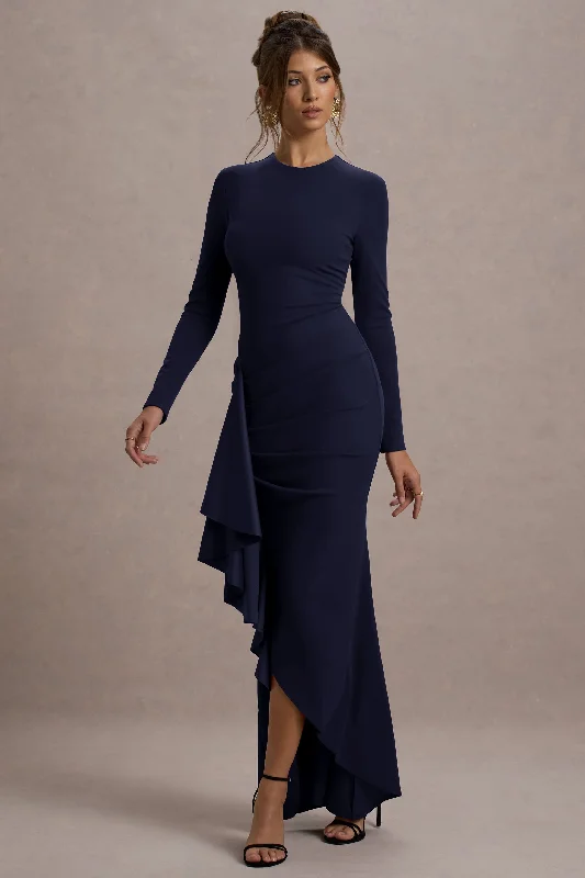 Empire Waist Women Dress to Accentuate the Bust and Conceal the WaistAlayna | Navy Long-Sleeve Maxi Dress With Ruffled Split