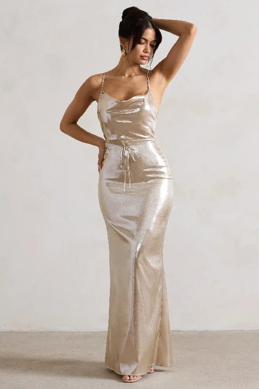 Printed Abstract Women Dress for a Modern and Artistic AppealAll In Time | Champagne Metallic Cowl-Neck Maxi Dress With Cross Back Detail