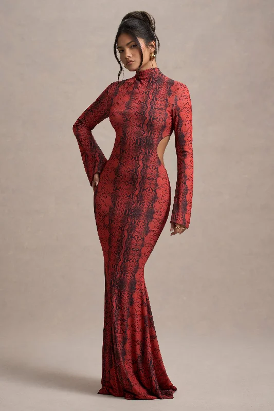 Sheath Women Dress with a Tailored Fit for a Professional LookArabia | Red Snake Print High-Neck Cut-Out Maxi Dress