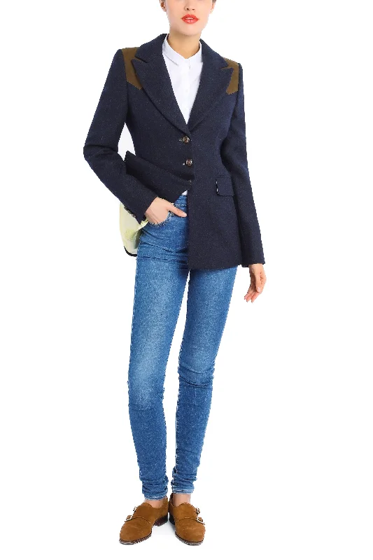 Plus Size Women's Embroidered Blazers in Floral Patterns for a Feminine TouchBlazer from Scottish Harristweed in navy