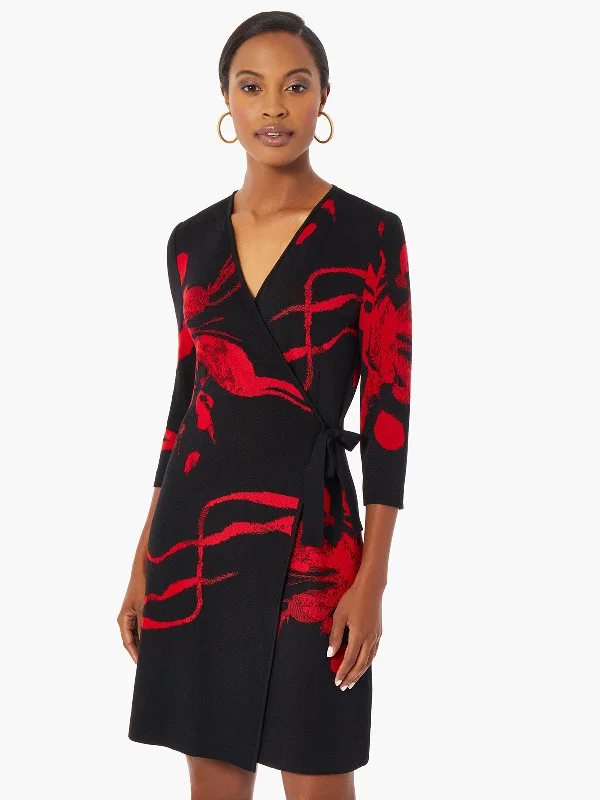 Printed Abstract Women Dress for a Modern and Artistic AppealBrushstroke Pattern Knit Faux Wrap Dress