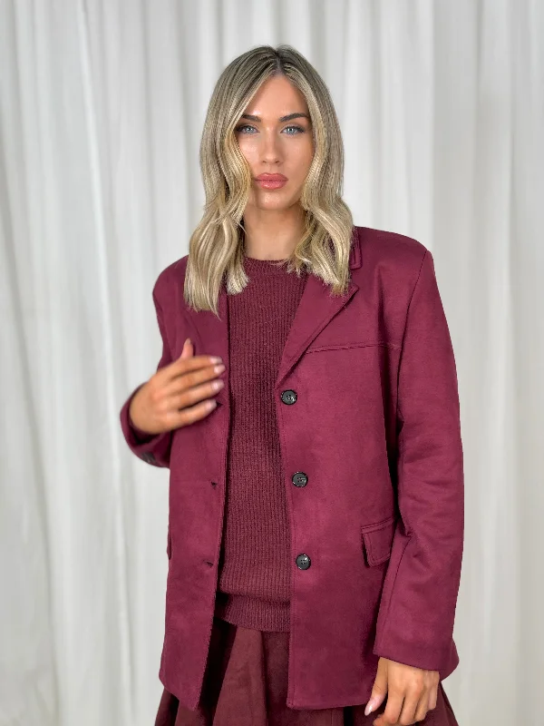 Plus Size Women's Ruffled Blazers in Pink for a Girly and Fashionable LookCaitlyn Triple Button Faux Suede Blazer In Wine