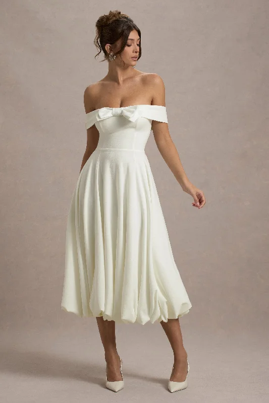 Empire Waist Women Dress to Accentuate the Bust and Conceal the WaistCalliopia | Cream Bow Bardot Midi Dress With Puff-Ball Skirt