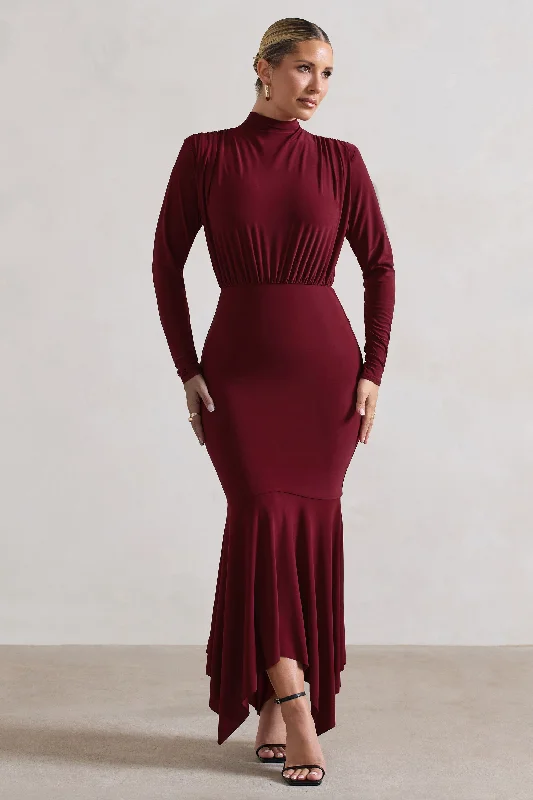 Halter Neck Women Dress to Show Off the Shoulders and NecklineCarla | Berry High-Neck Maxi Dress With Draped Hem