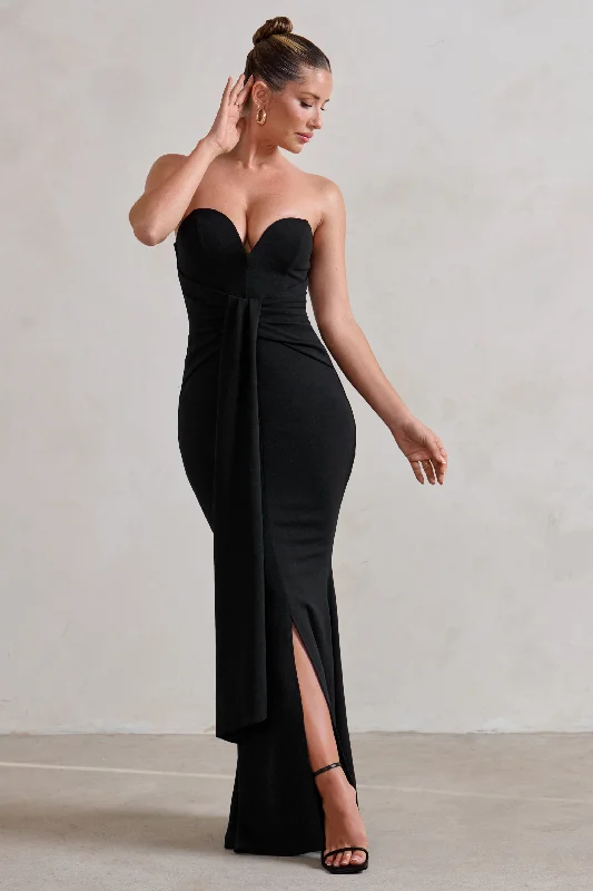 Mermaid - Style Women Dress with a Fitted Silhouette for Special OccasionsCarrie | Black Sweetheart Neckline Maxi Dress With Statement Tie