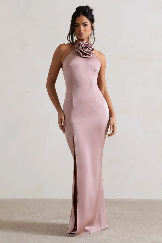 Shift Women Dress with a Simple and Classic Design for Everyday WearCesca | Blush Pink Satin Halter-Neck Maxi Dress With Flower Corsage