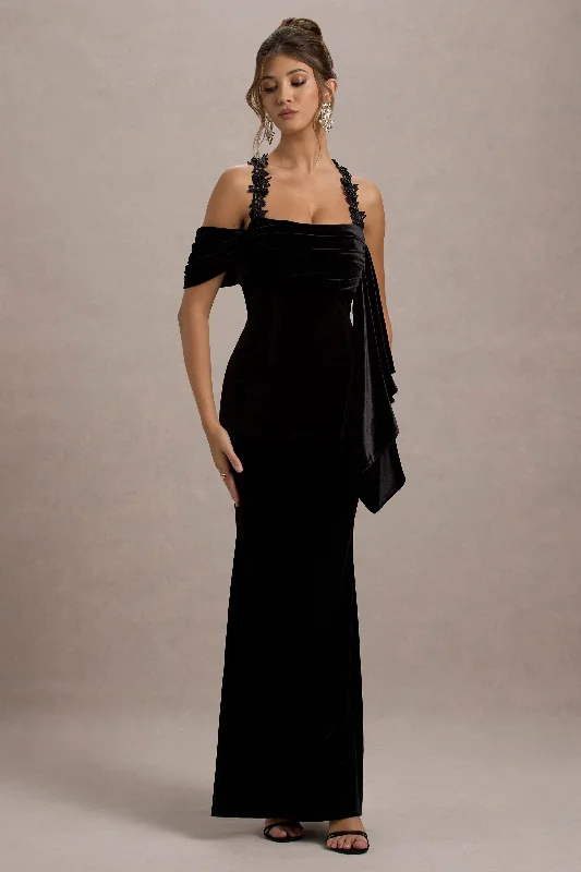 Strapless Women Dress with a Built - in Bra for Comfort and SupportCharlize | Black Velvet Halter-Neck Draped Maxi Dress