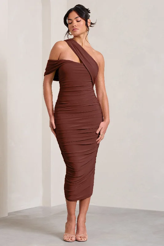 Sheath Women Dress with a Tailored Fit for a Professional LookCici | Brown Asymmetric One Shoulder Ruched Midi Dress