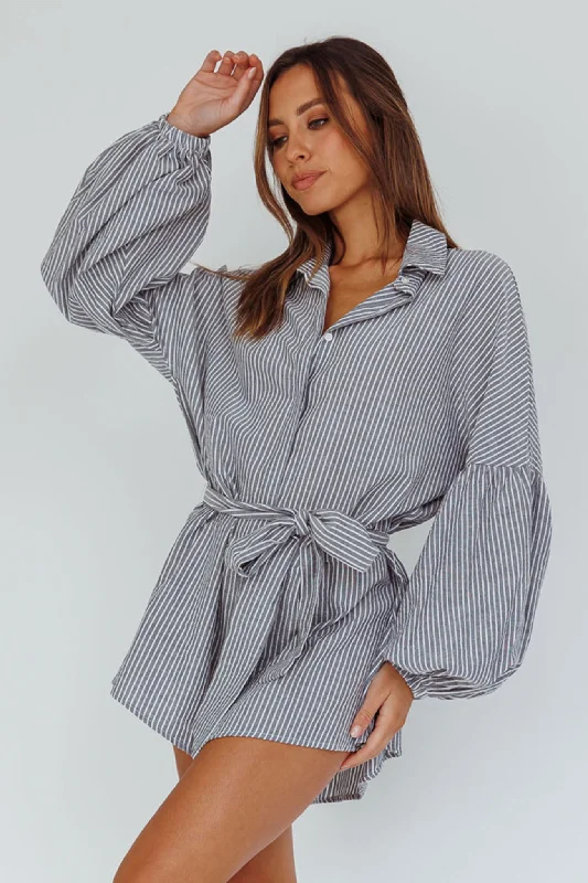 Plus Size Women Dress with a Flattering A - Line Cut for Comfort and StyleDaytona Beach Long Sleeve Shirt Romper Pinstripe