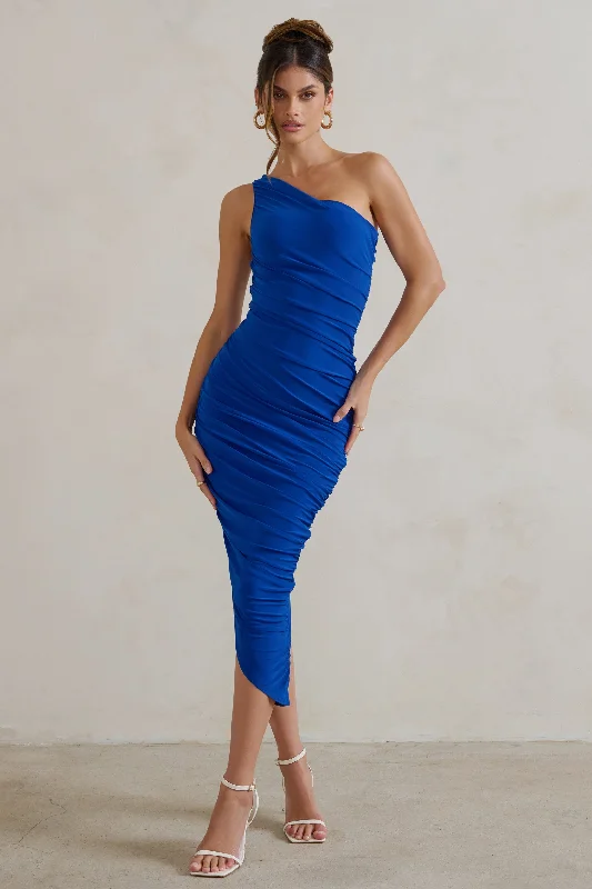 Shift Women Dress with a Simple and Classic Design for Everyday WearDorit | Cobalt Blue One Shoulder Asymmetric Ruched Midi Dress