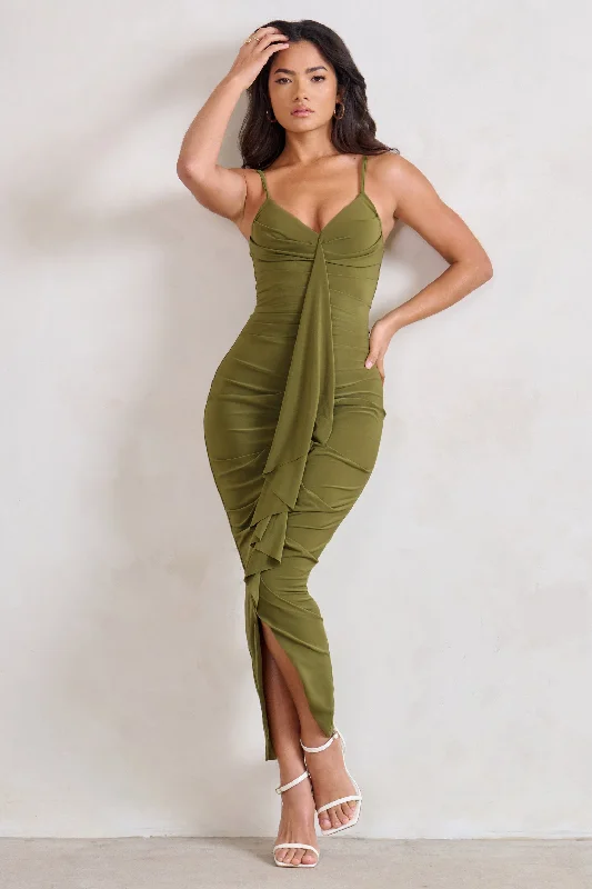 Ruffled Women Dress with Multiple Layers for a Playful and Girly StyleDorothy | Olive Green Plunge V Neckline Ruffle Midi Dress