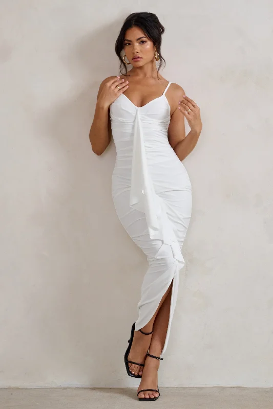 Mini Women Dress with a Short Hem for a Young and Trendy StyleDorothy | White Plunge V Neckline Ruffle Midi Dress