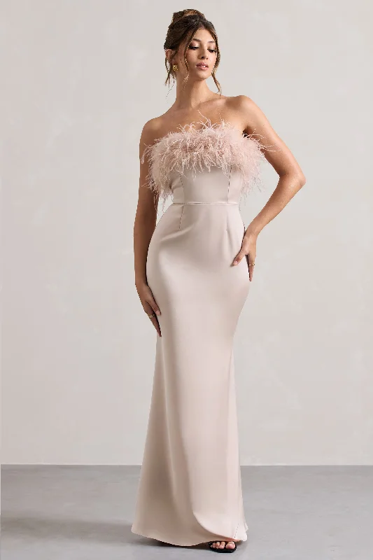 Off - the - Shoulder Women Dress for a Romantic and Feminine LookDress For It | Champagne Satin Strapless Feather Trim Maxi Dress