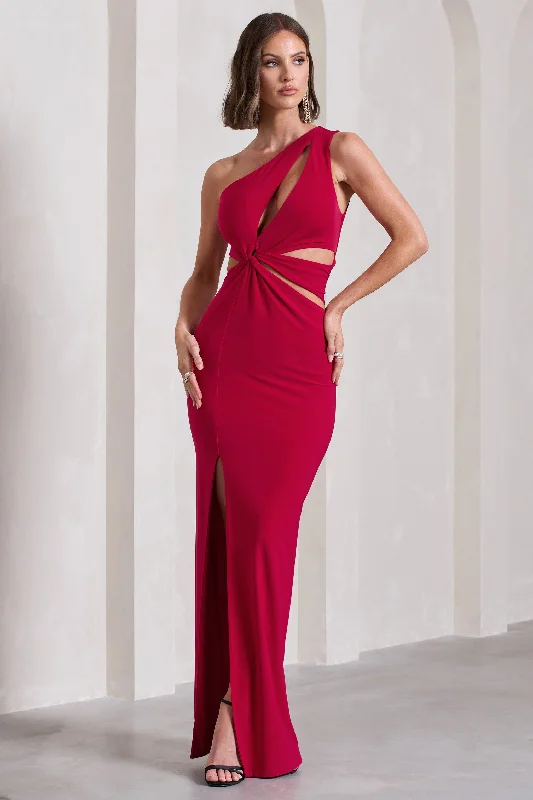 Pleated Women Dress with a Timeless and Elegant TextureEmmy | Red One Shoulder Cut-Out Split Maxi Dress