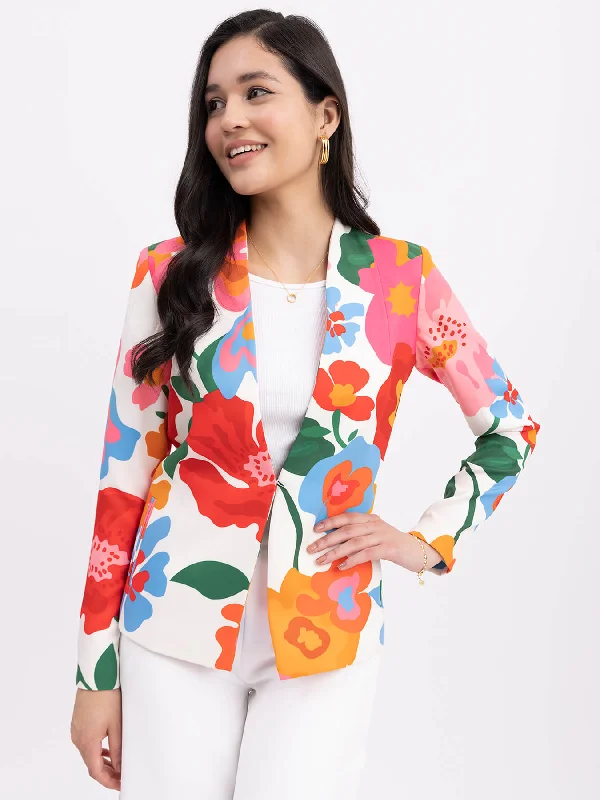 Single - Breasted Women's Linen Blend Blazers in Earth Tones for Casual WearFloral Print Blazer - Multicolour