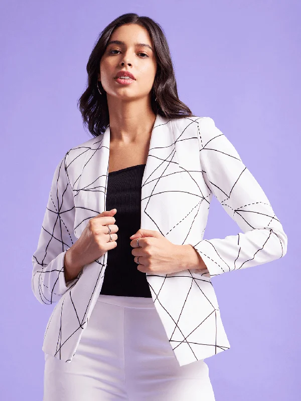 Oversized Women's Checkered Blazers in Black and White for a Trendy StyleGeometric Open Front Blazer - White And Black