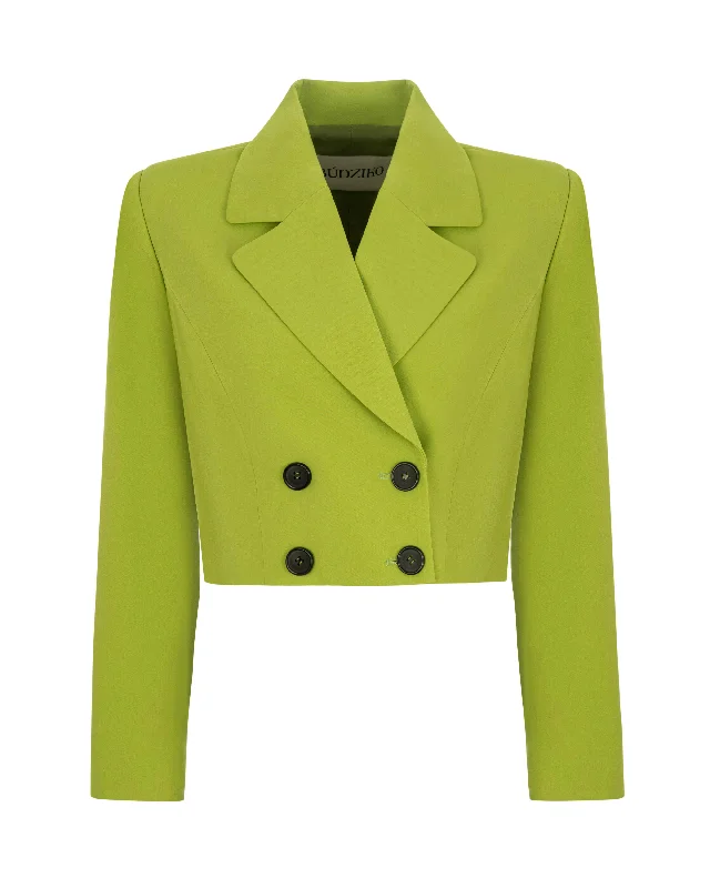 Plus Size Women's Double - Breasted Wool Blazers for Winter Office WearYELLOW-GREEN CROPPED BLAZER