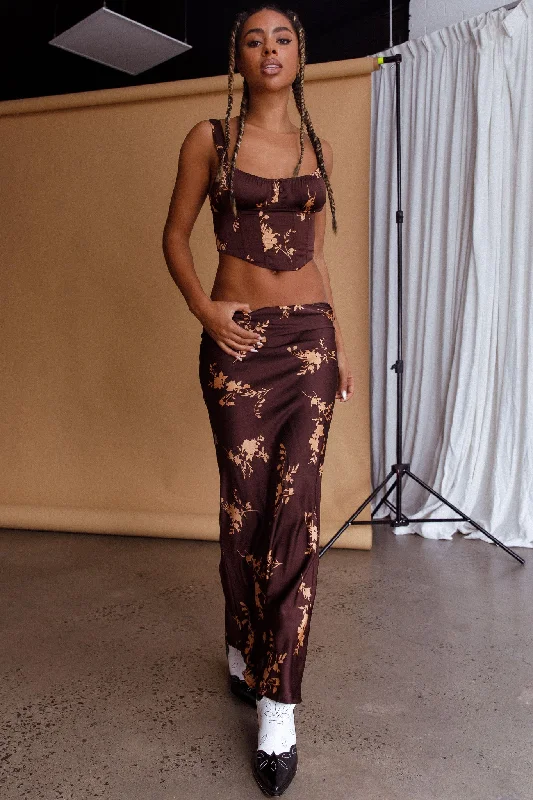 Backless Women Dress for a Sexy and Alluring Look at Evening EventsHara Slip Midi Skirt Floral Brown