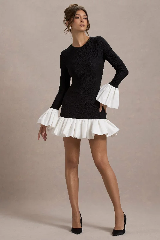 Mini Women Dress with a Short Hem for a Young and Trendy StyleJosefina | Black Long-Sleeve Mini Dress With White Satin Trims