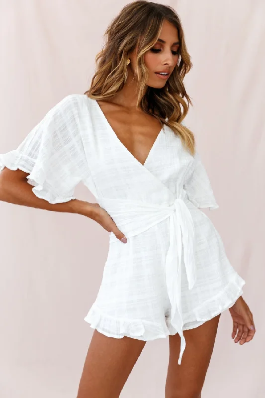 Wrap - Style Women Dress with Adjustable Fit for All Body TypesKarin Frill Trim Waist Tie Romper White