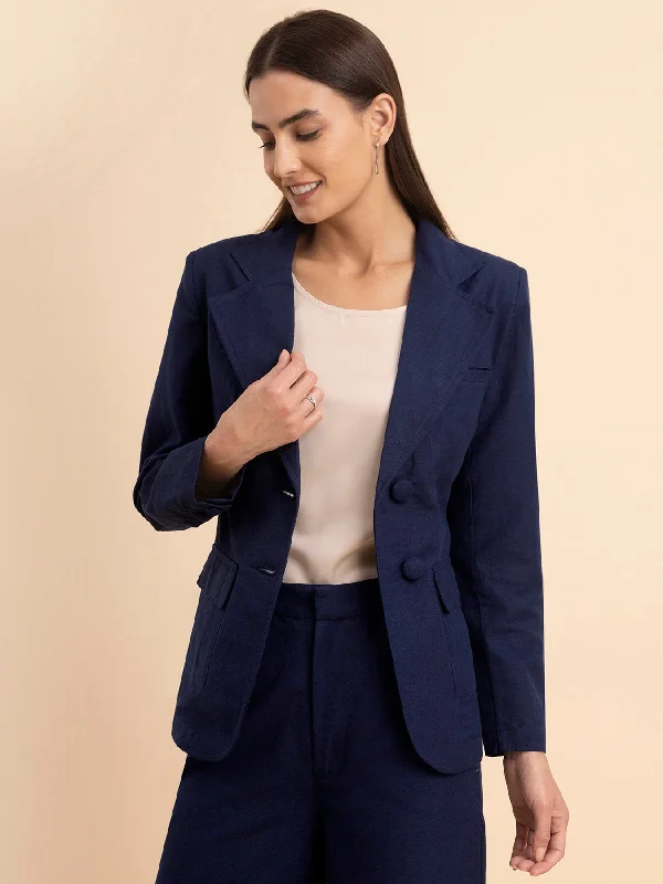 Single - Breasted Women's Tweed Blazers with Gold Buttons for a Classic LookLinen Notch Lapel Collar Blazer - Navy Blue