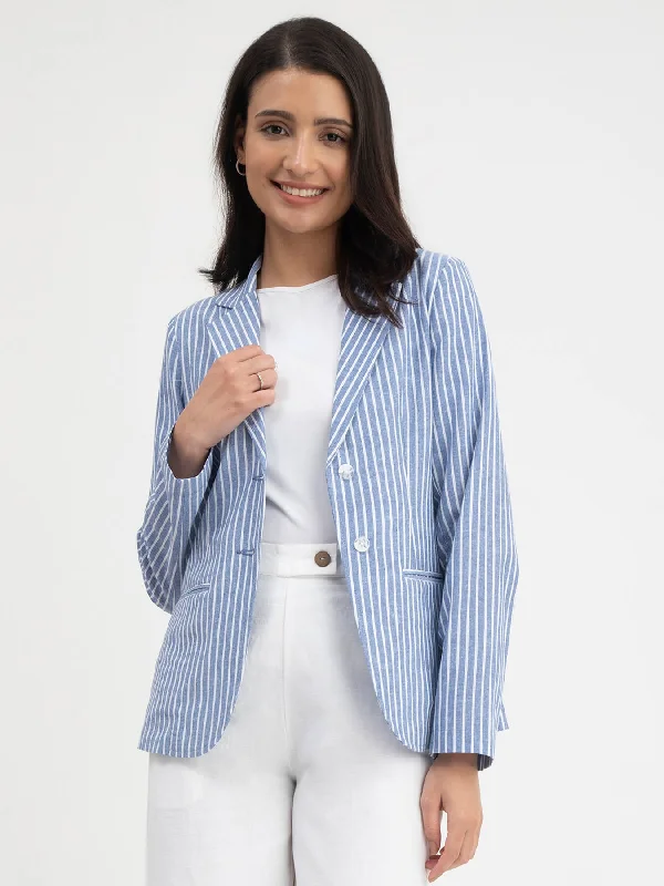 Single - Breasted Women's Tweed Blazers with Gold Buttons for a Classic LookLinen Single Breasted Blazer - Blue