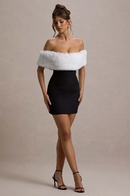 Lace - Embellished Women Dress for an Elegant and Sophisticated AppearanceLittle Luxe | Black Bardot Mini Dress With White Fur Trim