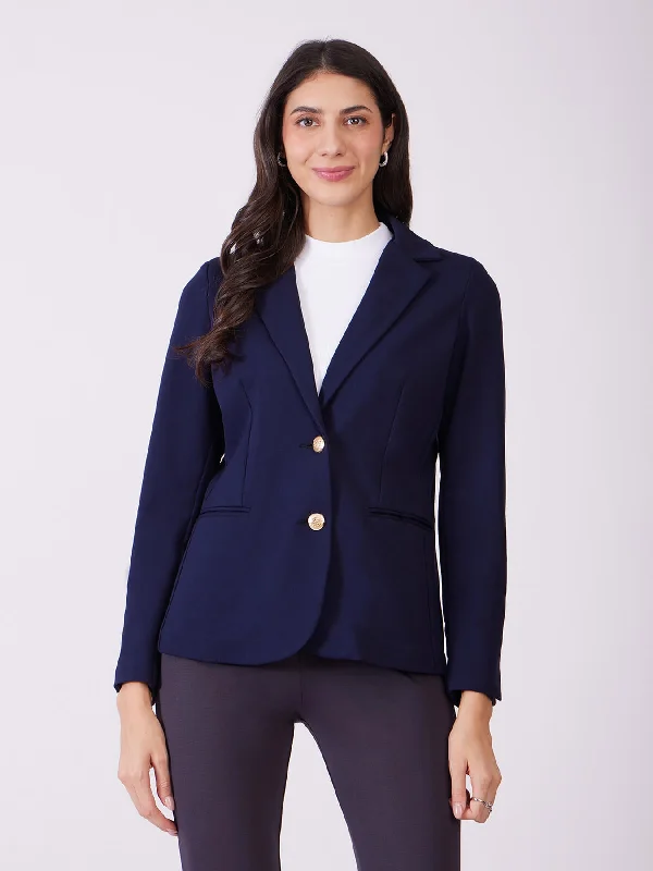 Single - Breasted Women's Linen Blend Blazers in Earth Tones for Casual WearLivIn Single Breasted Blazer - Navy Blue