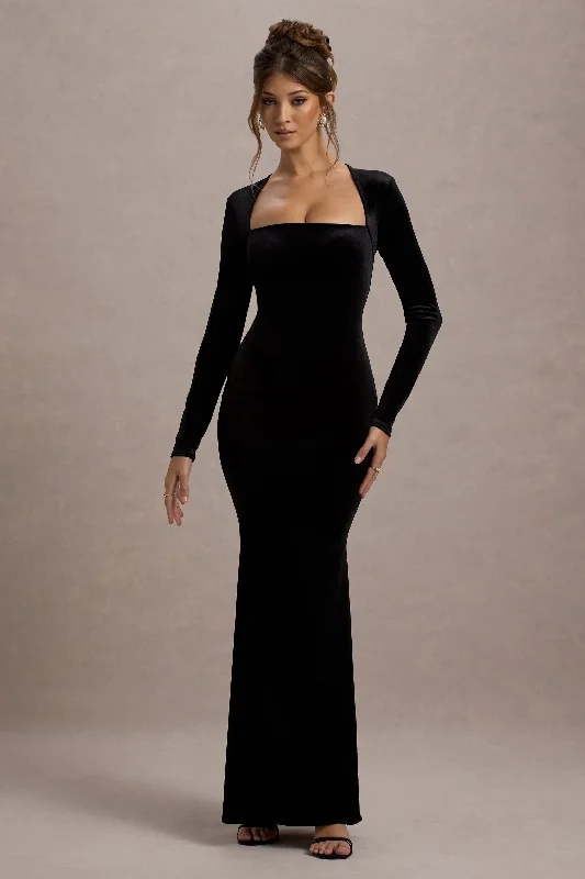 Ball Gown Women Dress with a Full Skirt for a Princess - like LookMorana | Black Velvet Square-Neck Long-Sleeve Maxi Dress