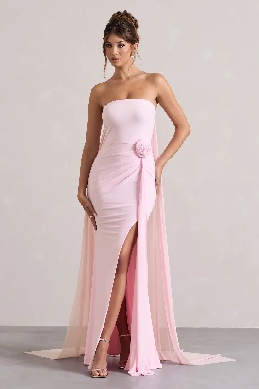 Lace - Embellished Women Dress for an Elegant and Sophisticated AppearanceMore To Come | Pink Strapless Wrap Cape Maxi Dress With Corsage