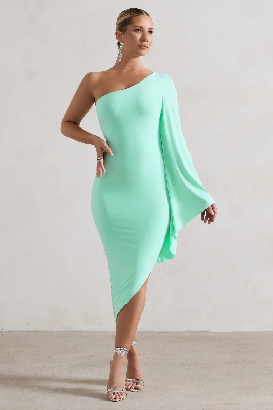 Off - the - Shoulder Women Dress for a Romantic and Feminine LookMy Level | Mint Asymmetric Midi Dress With Cape Sleeve