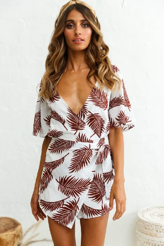 Little Black Women Dress with Sequins for a Glamorous Night OutNadi V-Neckline Wrap Romper Palm Print Wine