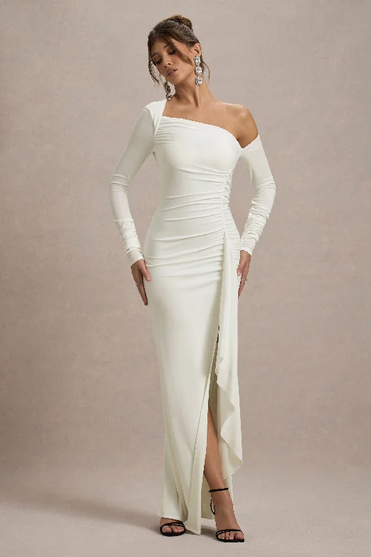 Backless Women Dress for a Sexy and Alluring Look at Evening EventsNerina | Cream Asymmetric Long-Sleeve Split Maxi Dress