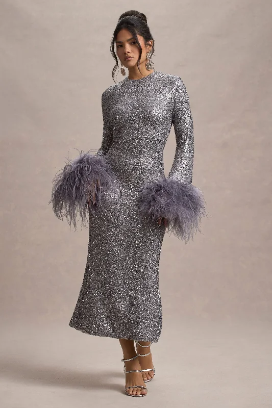 Lace - Embellished Women Dress for an Elegant and Sophisticated AppearanceNorth Star | Silver Sequin Long-Sleeve Midi Dress With Feather Cuffs